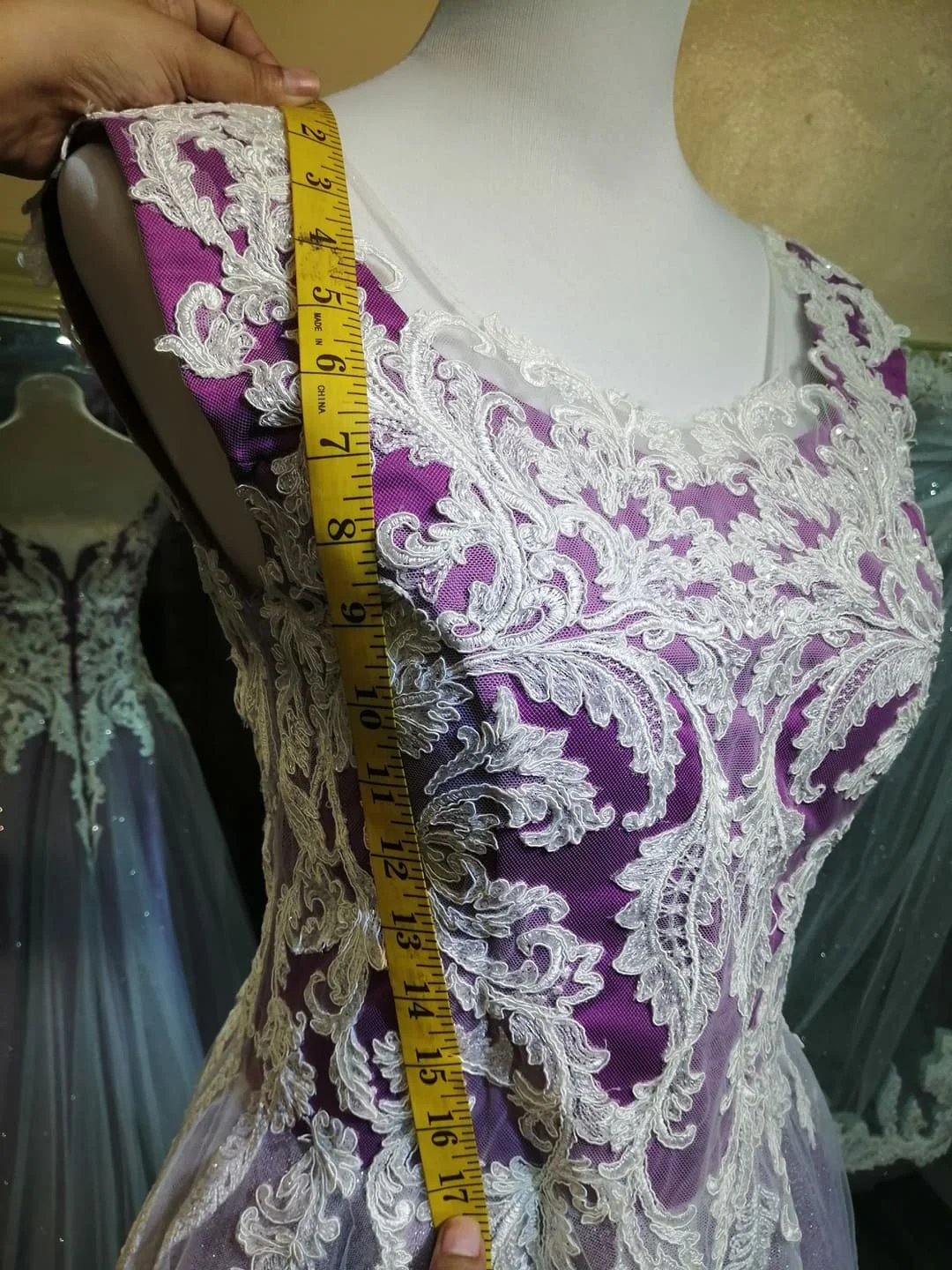 White wedding dress with 2025 purple lace